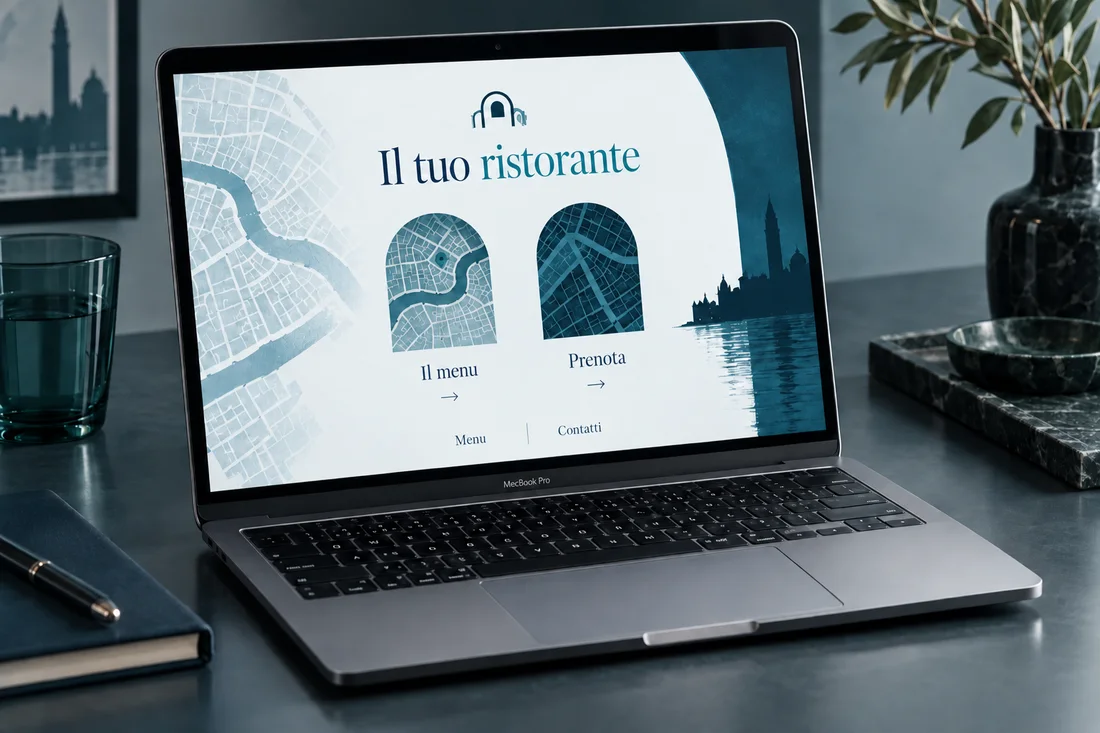 Mockup concettuale creato con AI: sito GATOLETO Venezia sullo schermo di un MacBook Pro, con GATOLETO